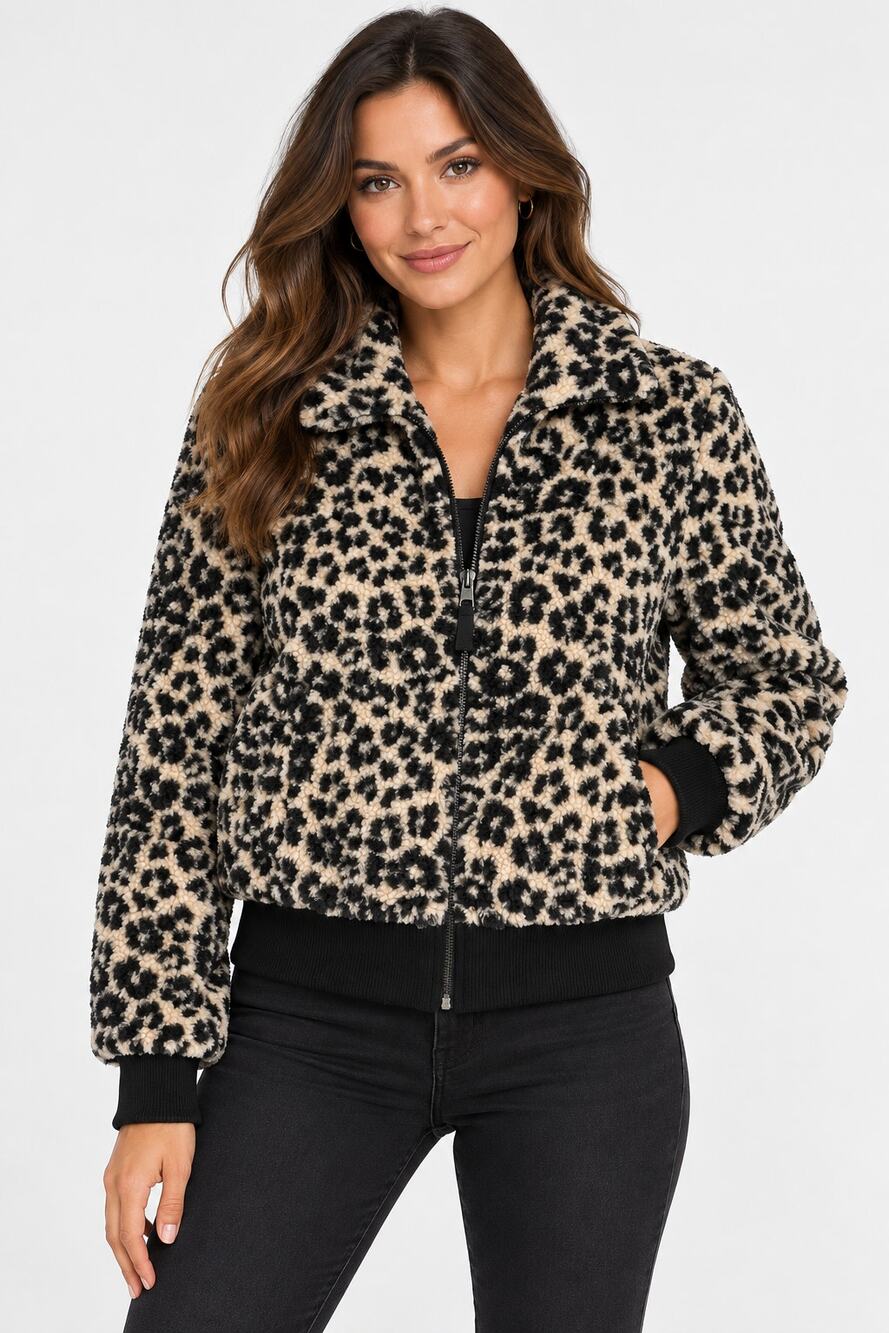 New York & Company Leopard Sherpa Bomber Jacket Womens Size Small Fleece Zip Up
